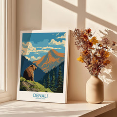 Denali National Park travel poster canvas print on windowsill with autumn flowers in vase
