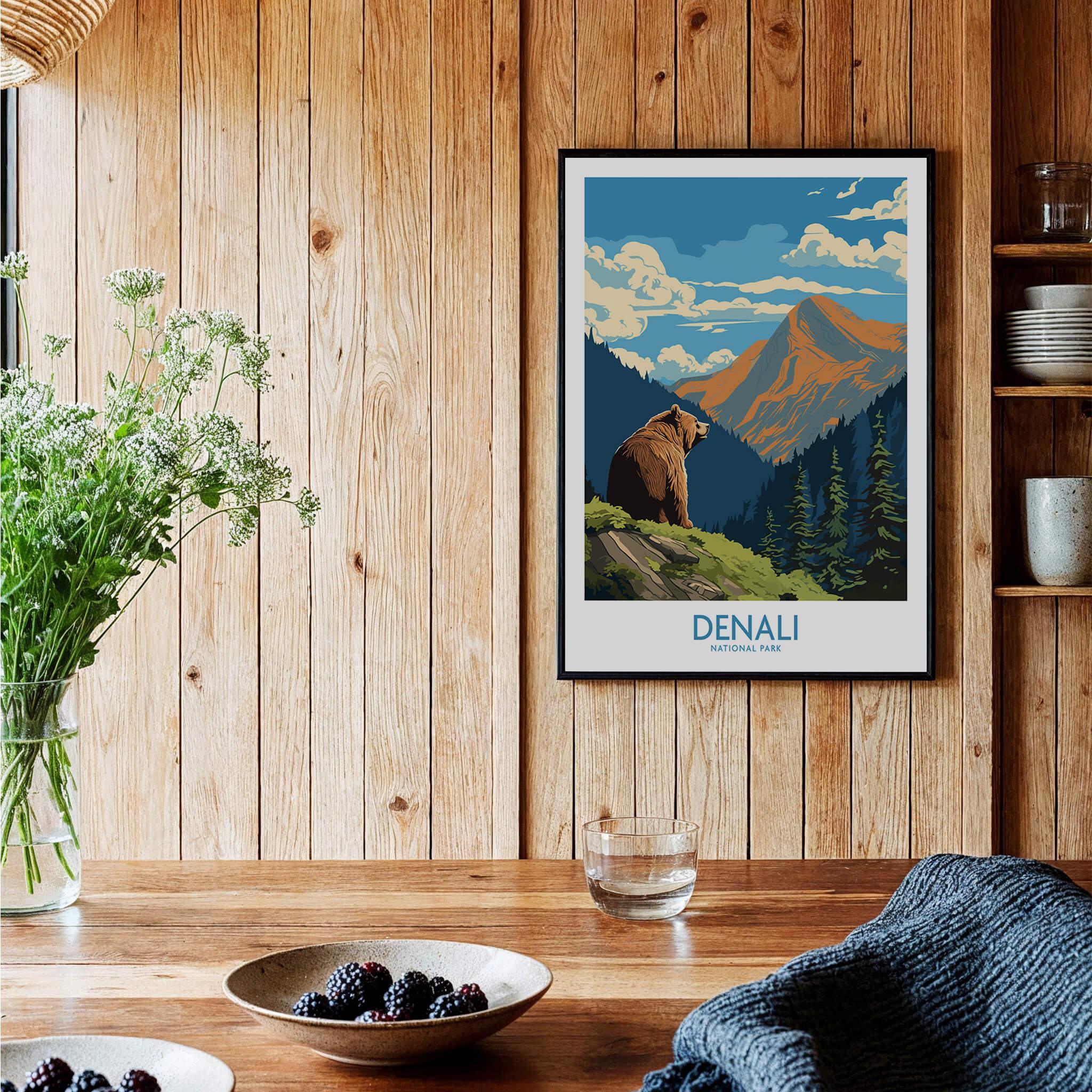 Denali National Park travel poster with bear and mountain in rustic kitchen decor