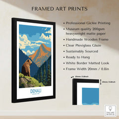 Framed Denali National Park art print with bear and mountain, museum-quality matte finish.