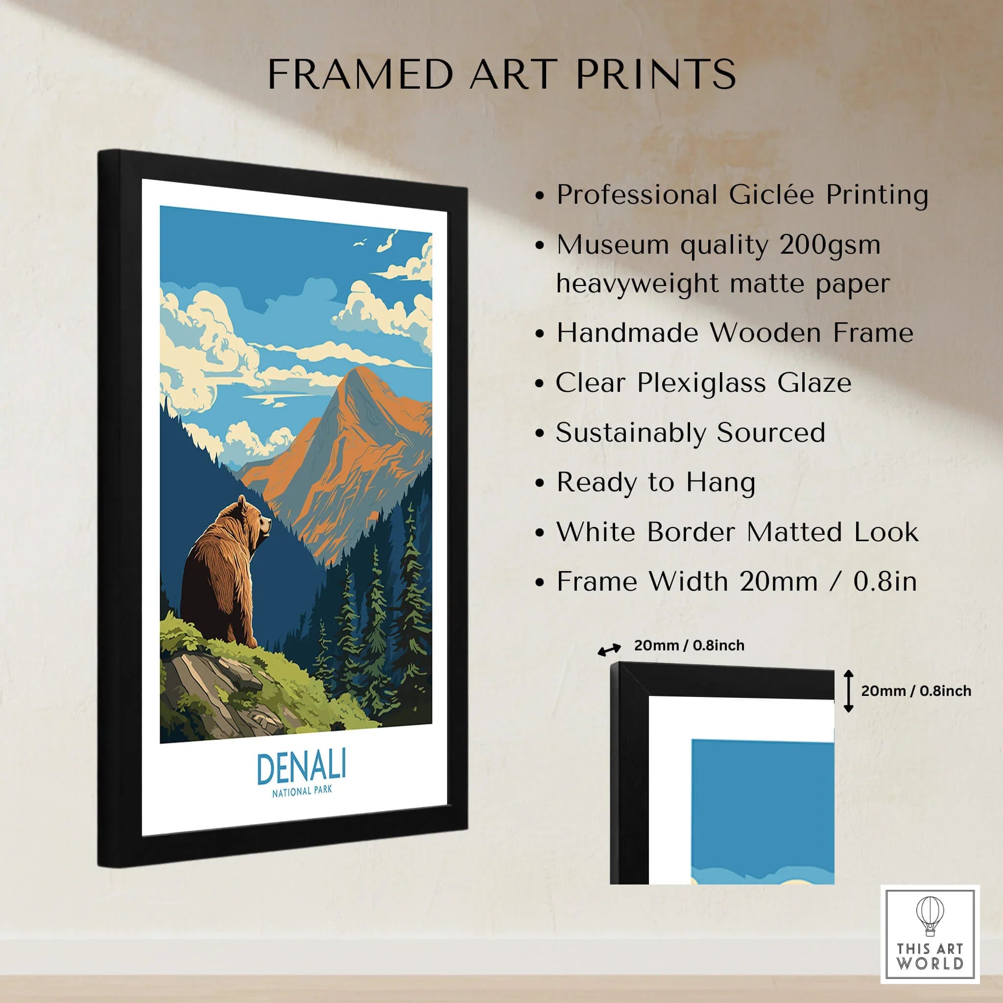 Framed Denali National Park art print with bear and mountain, museum-quality matte finish.