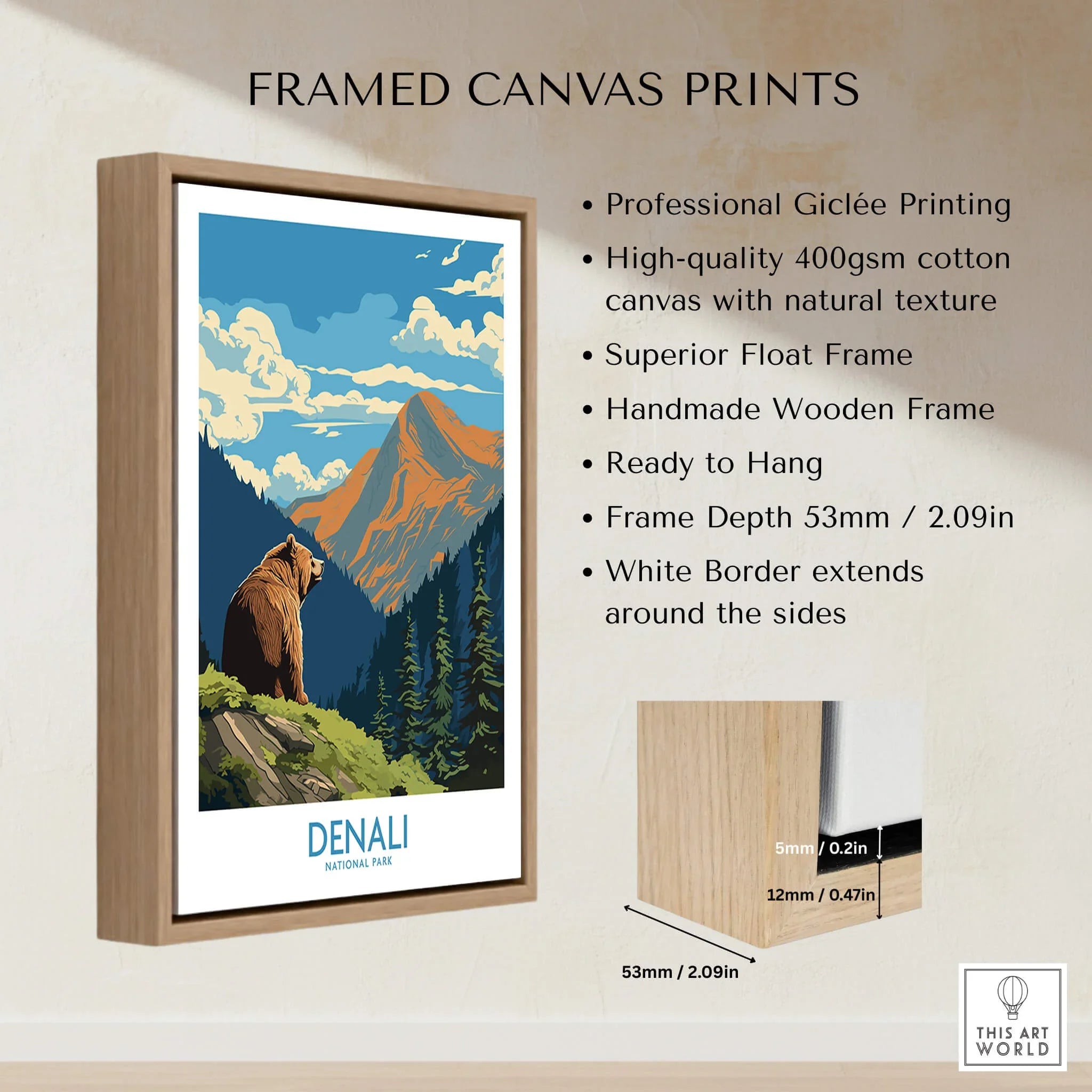 Framed Denali National Park travel poster on canvas with float wooden frame details