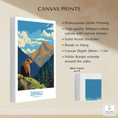 Denali National Park canvas print with bear and mountain, stretched cotton canvas, wall art details.