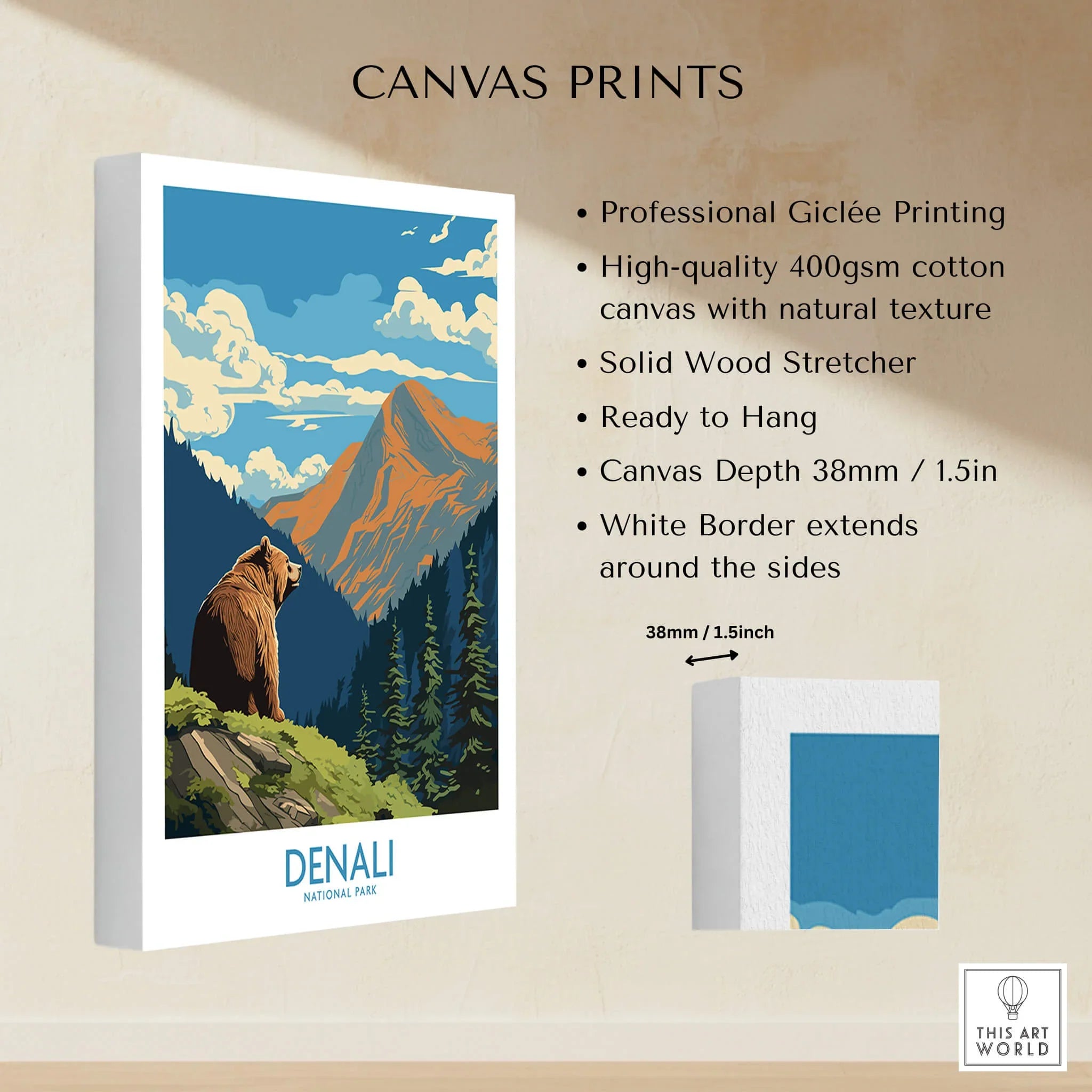 Denali National Park canvas print with bear and mountain, stretched cotton canvas, wall art details.