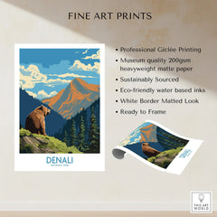 Denali National Park fine art print featuring a bear, mountain landscape, and forest.