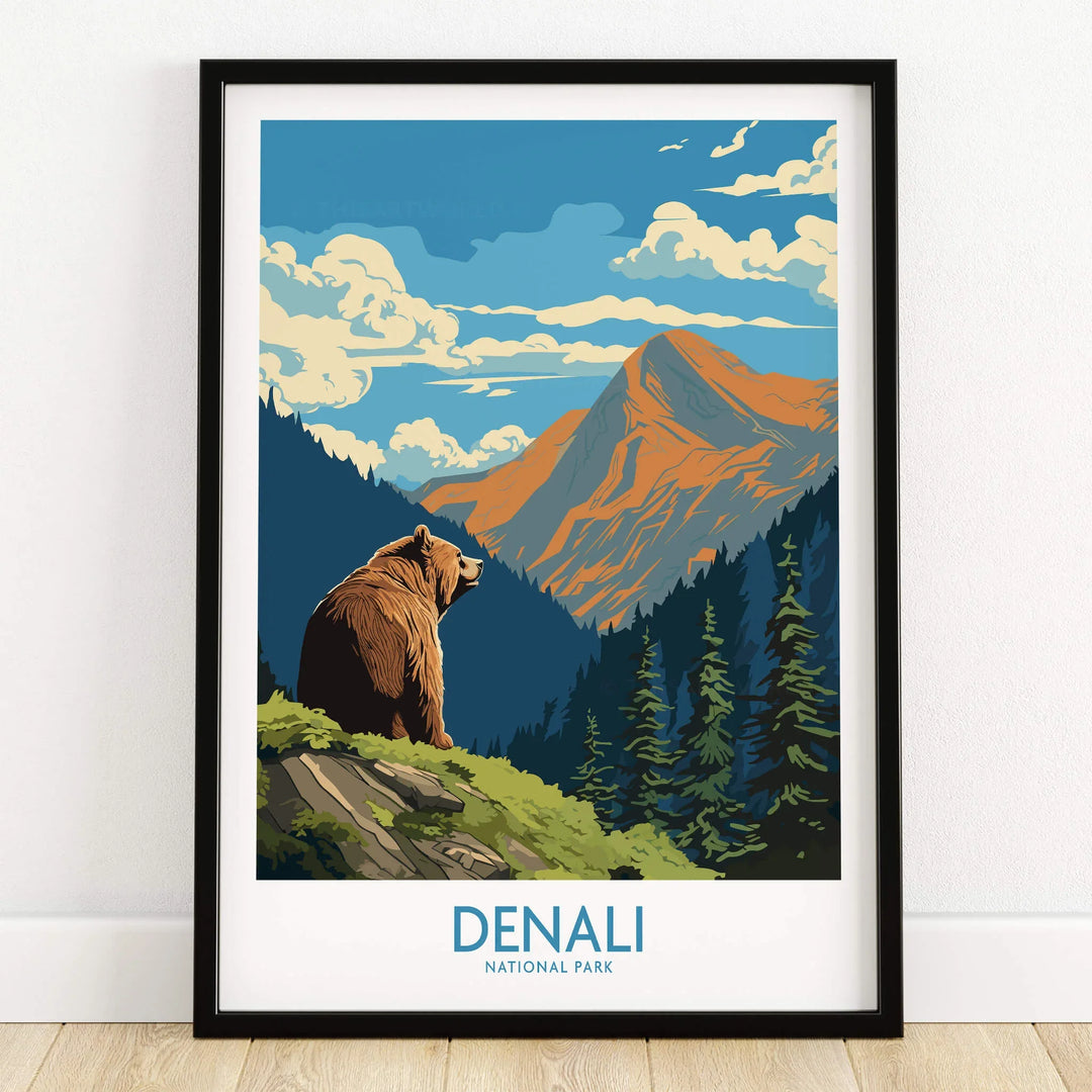 Denali National Park art print in black frame with bear, mountains, and pine trees