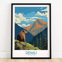 Denali National Park art print in black frame with bear, mountains, and pine trees