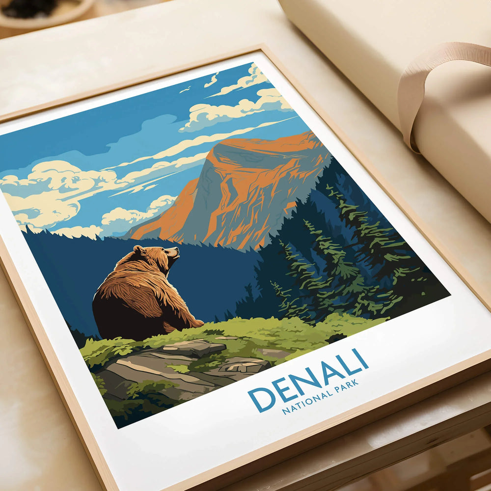 Denali National Park art print with bear, mountain view, and natural wood frame