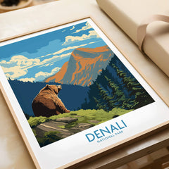 Denali National Park art print with bear, mountain view, and natural wood frame