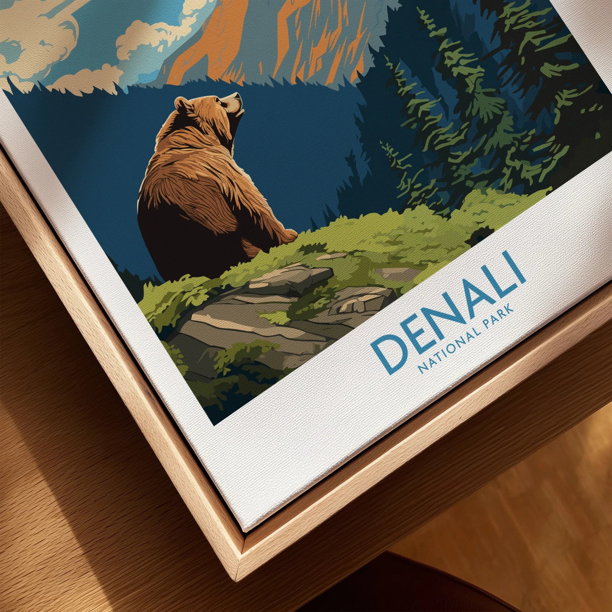 Denali National Park travel poster with bear, mountains, forest, and natural wood frame