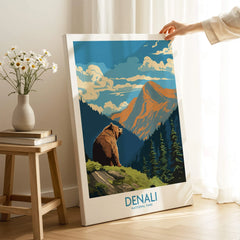 Denali National Park poster canvas print with bear and mountain, held in sunlit room