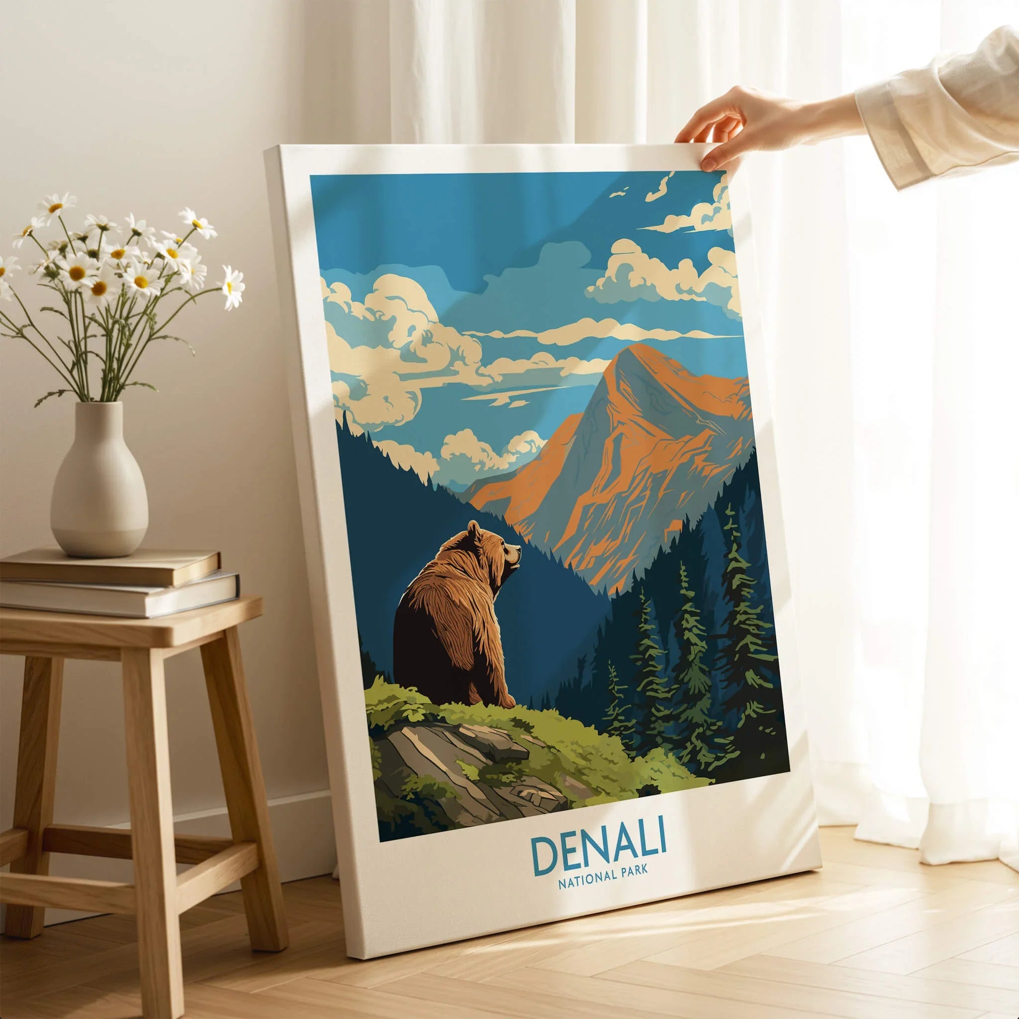 Denali National Park poster canvas print with bear and mountain, held in sunlit room