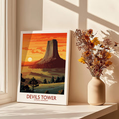 Devils Tower National Monument art print on windowsill with vase of dried flowers in sunlight