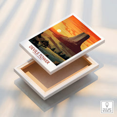 Devils Tower National Monument sunset travel poster on floating canvas print, modern wall art