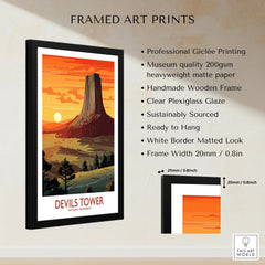 Framed Devils Tower National Monument travel poster print with sunset colors and product details.