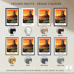 Devils Tower travel poster print in various frame colors, sunset landscape art for wall decor