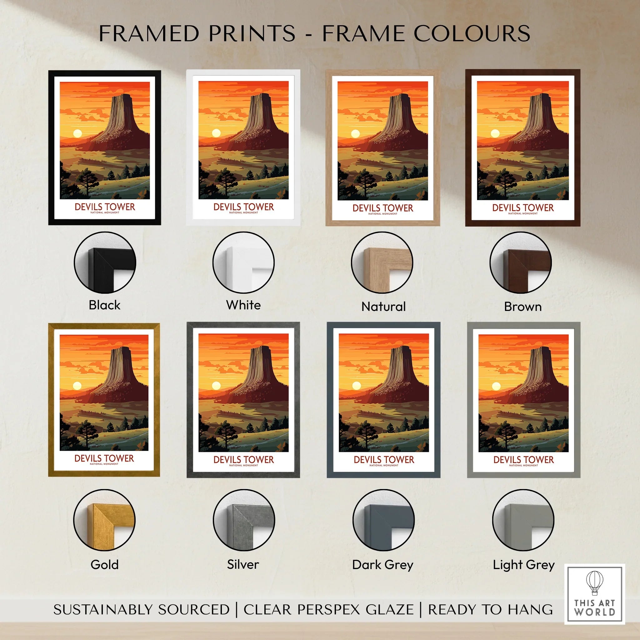 Devils Tower travel poster print in various frame colors, sunset landscape art for wall decor