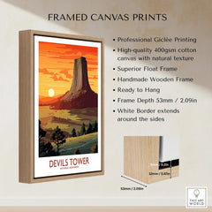 Framed canvas print of Devils Tower National Monument with sunset landscape and float frame details.