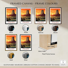 Framed Devils Tower travel poster print in six frame colors: black, white, natural, brown, gold, silver.