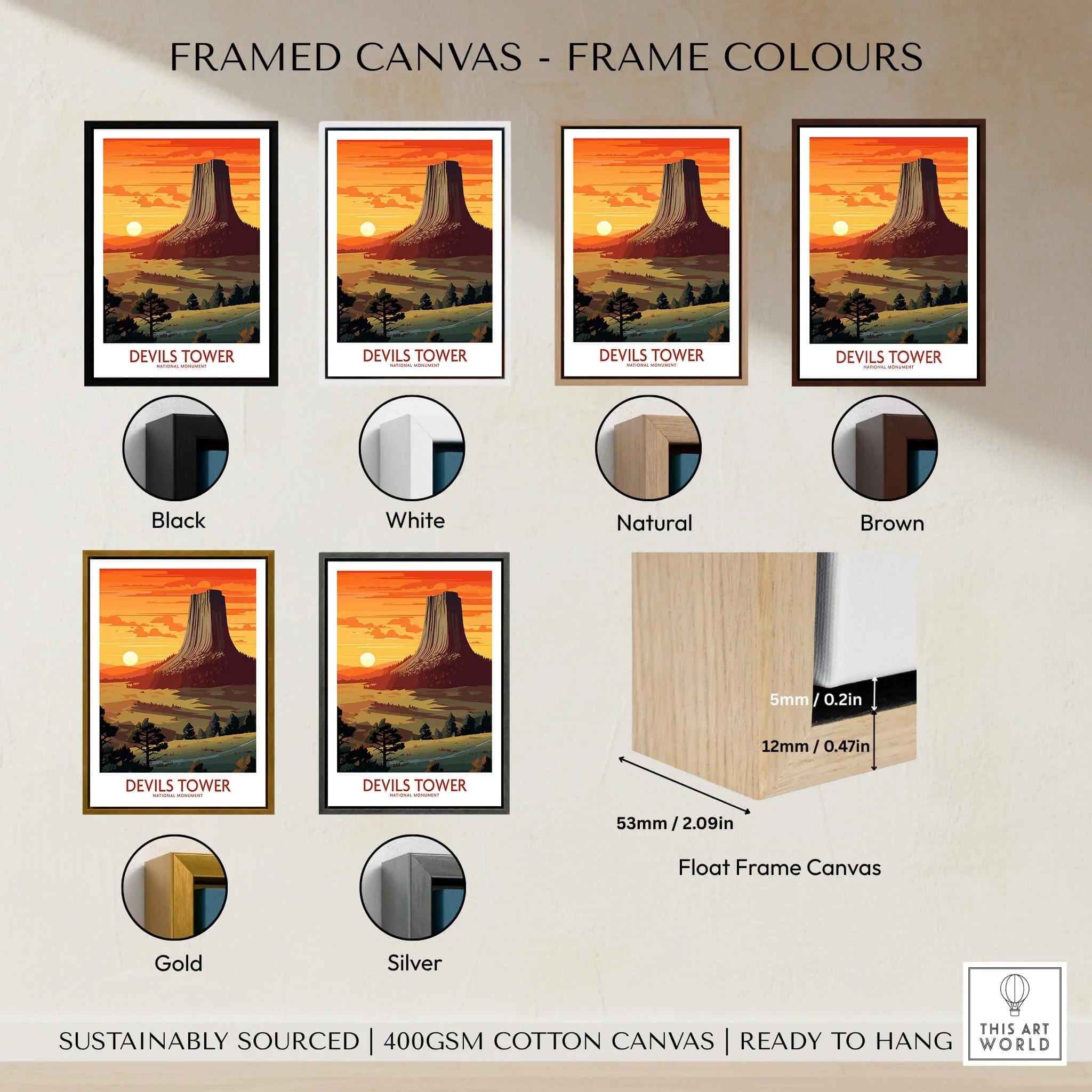 Framed Devils Tower travel poster print in six frame colors: black, white, natural, brown, gold, silver.