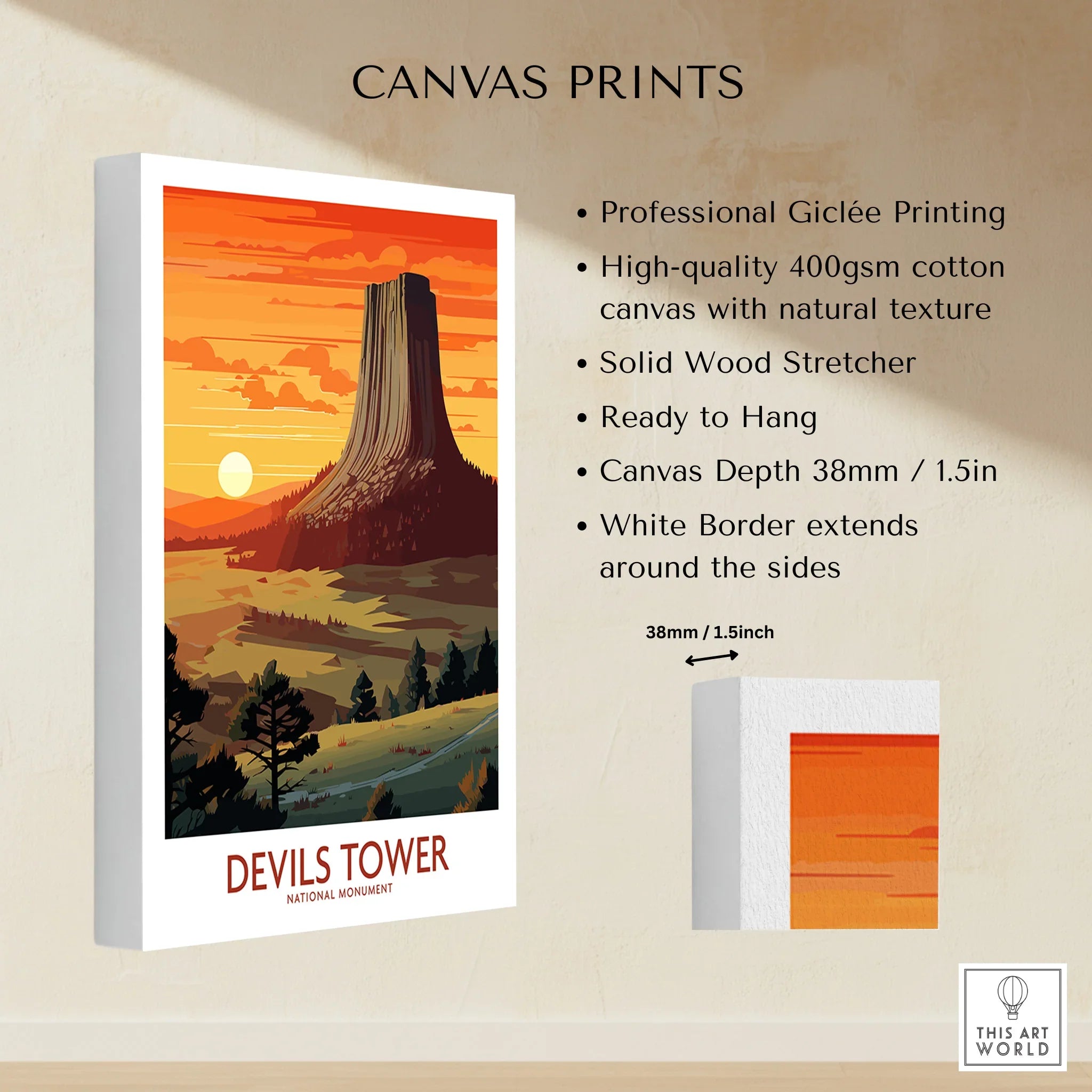 Devils Tower National Monument canvas print, sunset landscape, ready to hang wall art