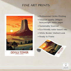 Devils Tower fine art print with sunset landscape, eco-friendly travel wall decor