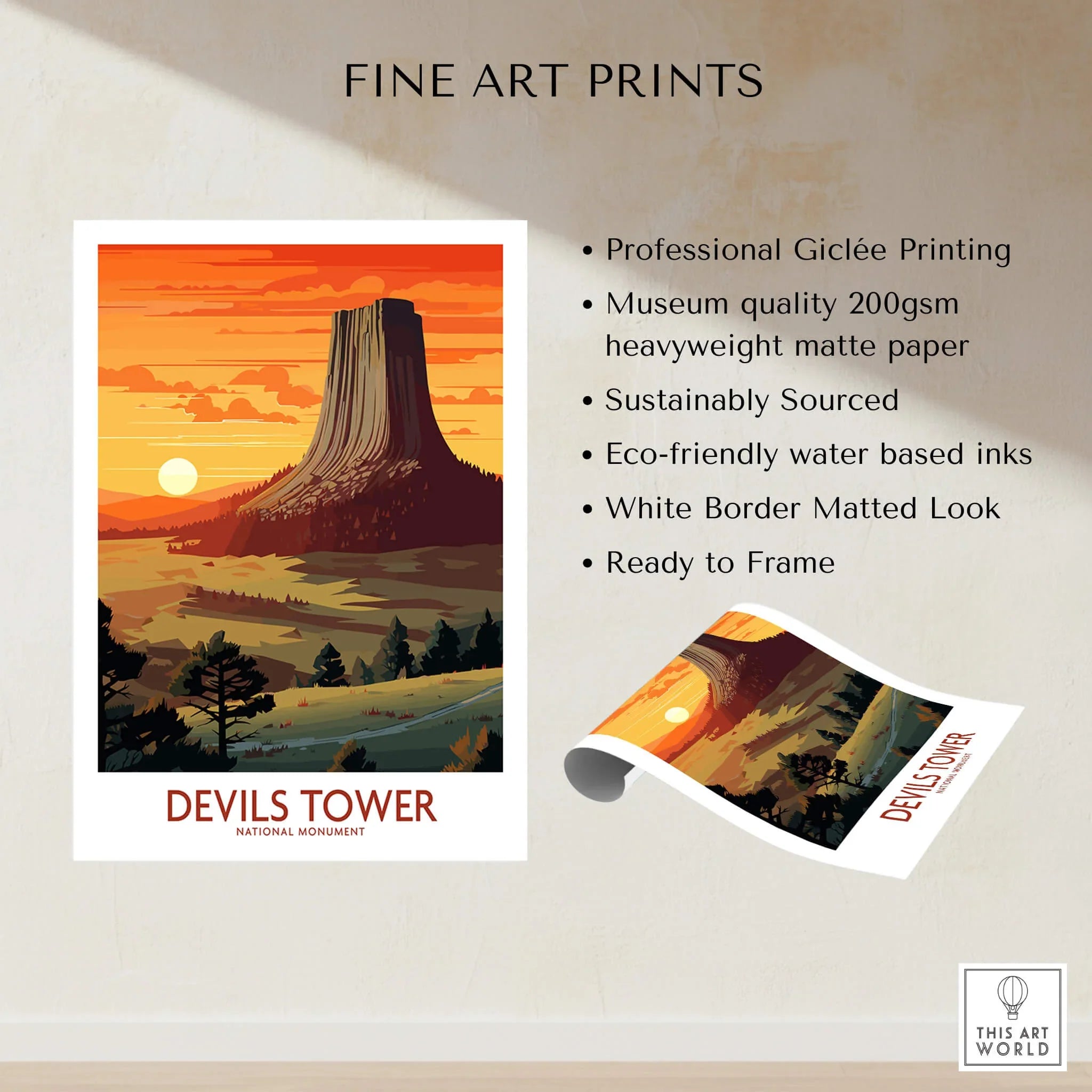 Devils Tower fine art print with sunset landscape, eco-friendly travel wall decor