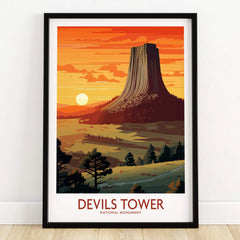 Devils Tower National Monument art print in black frame, sunset landscape wall decor