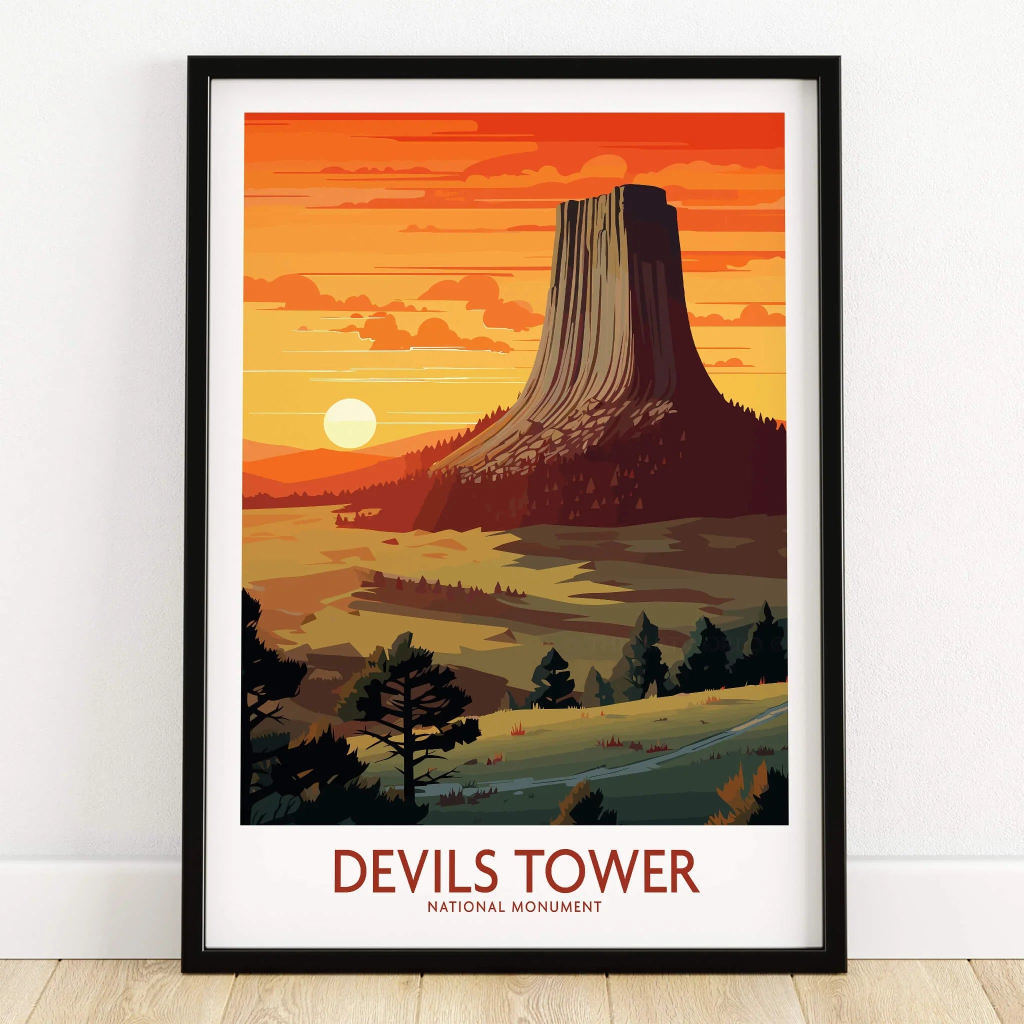 Devils Tower National Monument art print in black frame, sunset landscape wall decor