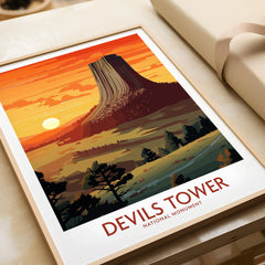 Framed art print of Devils Tower National Monument at sunset with vivid landscape colors