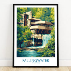 Fallingwater Pennsylvania travel poster art print, modern architecture over waterfall, framed wall decor