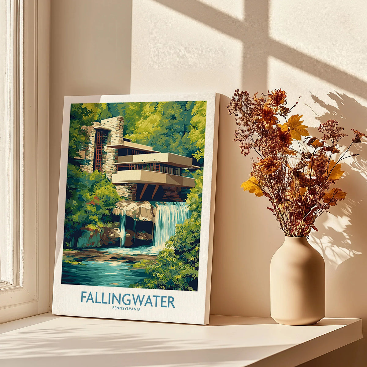 Fallingwater Pennsylvania travel poster print with modern architecture and waterfall, perfect for home wall art decor