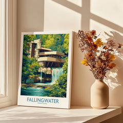Fallingwater Pennsylvania travel poster print with modern architecture and waterfall, perfect for home wall art decor