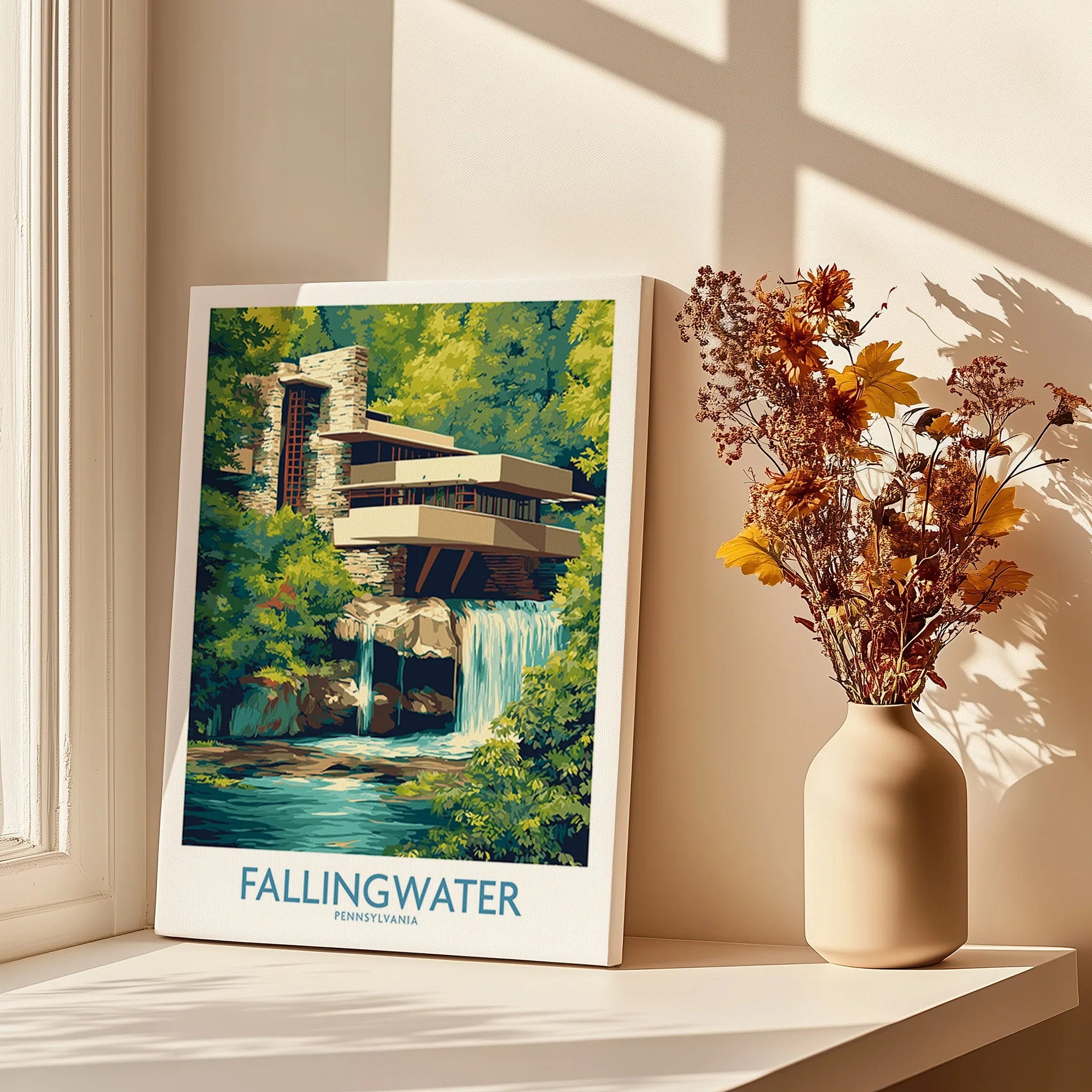 Fallingwater Pennsylvania travel poster print with modern architecture and waterfall, perfect for home wall art decor