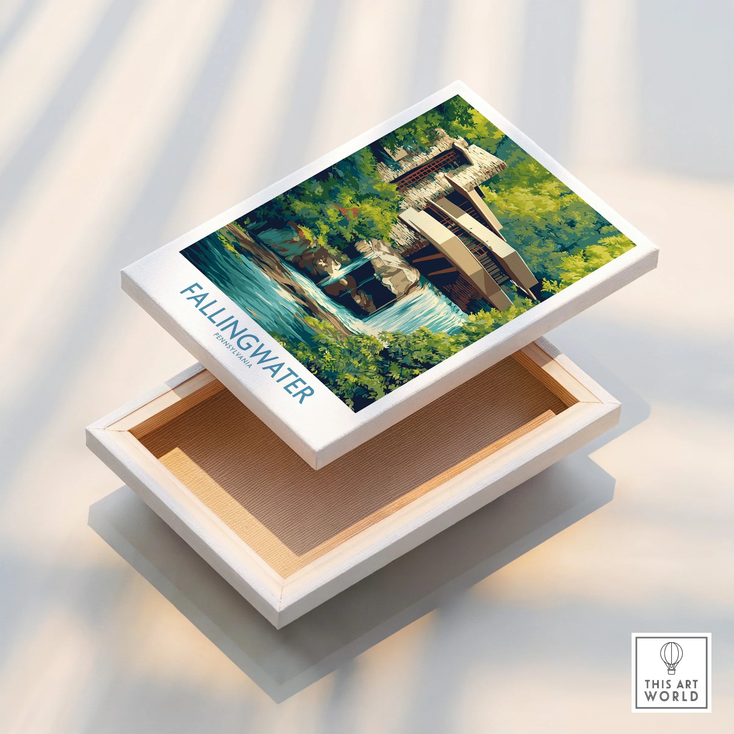 Fallingwater Pennsylvania travel poster art print on canvas, modern architecture wall decor