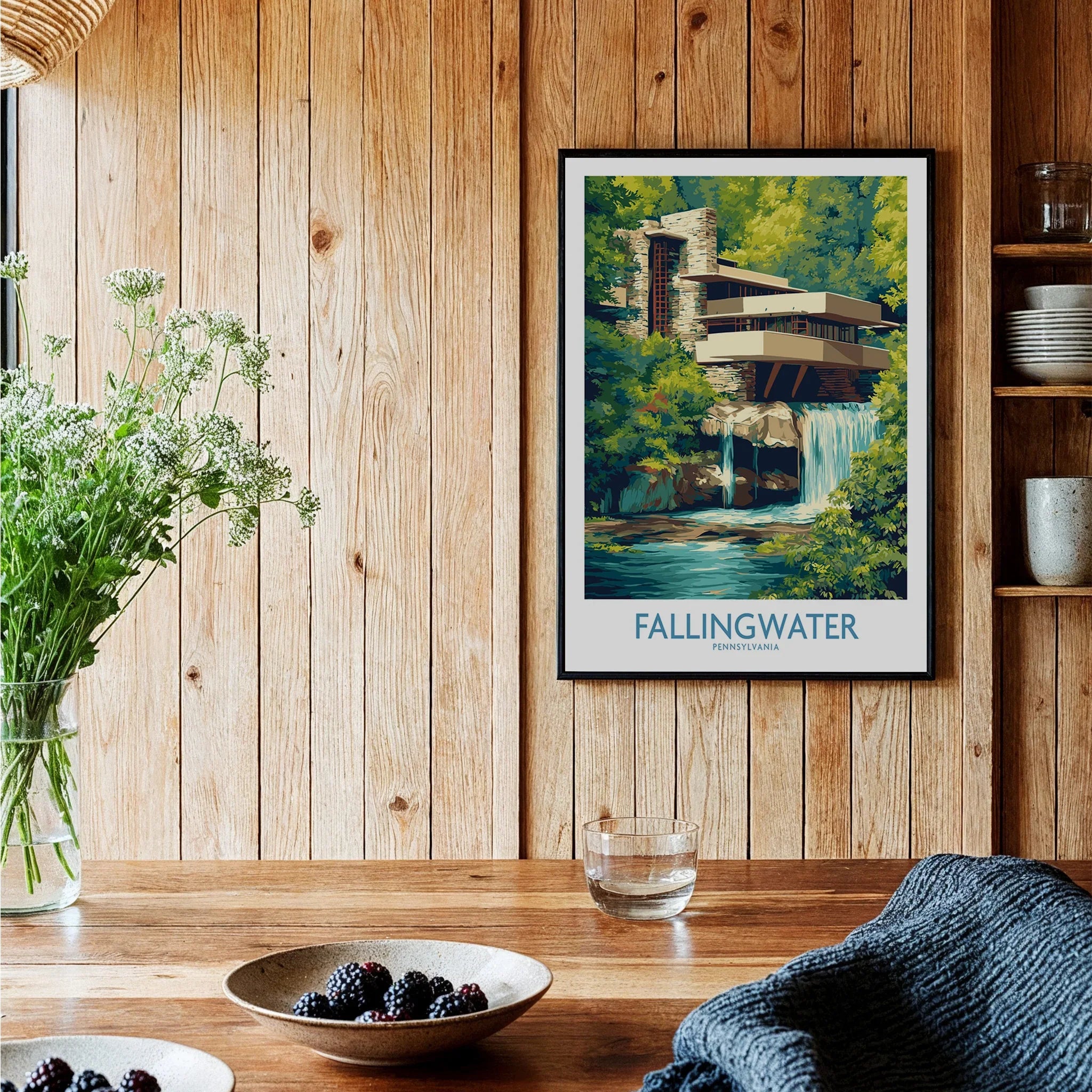 Fallingwater Pennsylvania travel poster art print, modern architecture over waterfall, home wall decor
