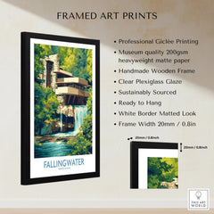 Framed Fallingwater art print, Pennsylvania travel poster with waterfall, modern architecture, green forest, white mat, black frame
