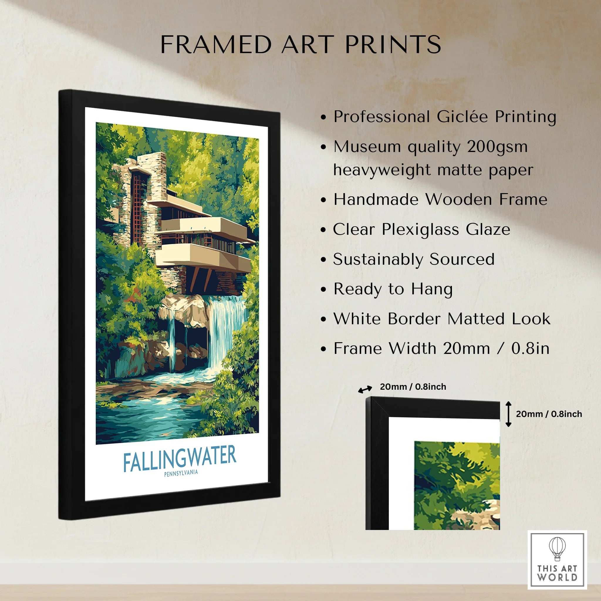 Framed Fallingwater art print, Pennsylvania travel poster with waterfall, modern architecture, green forest, white mat, black frame