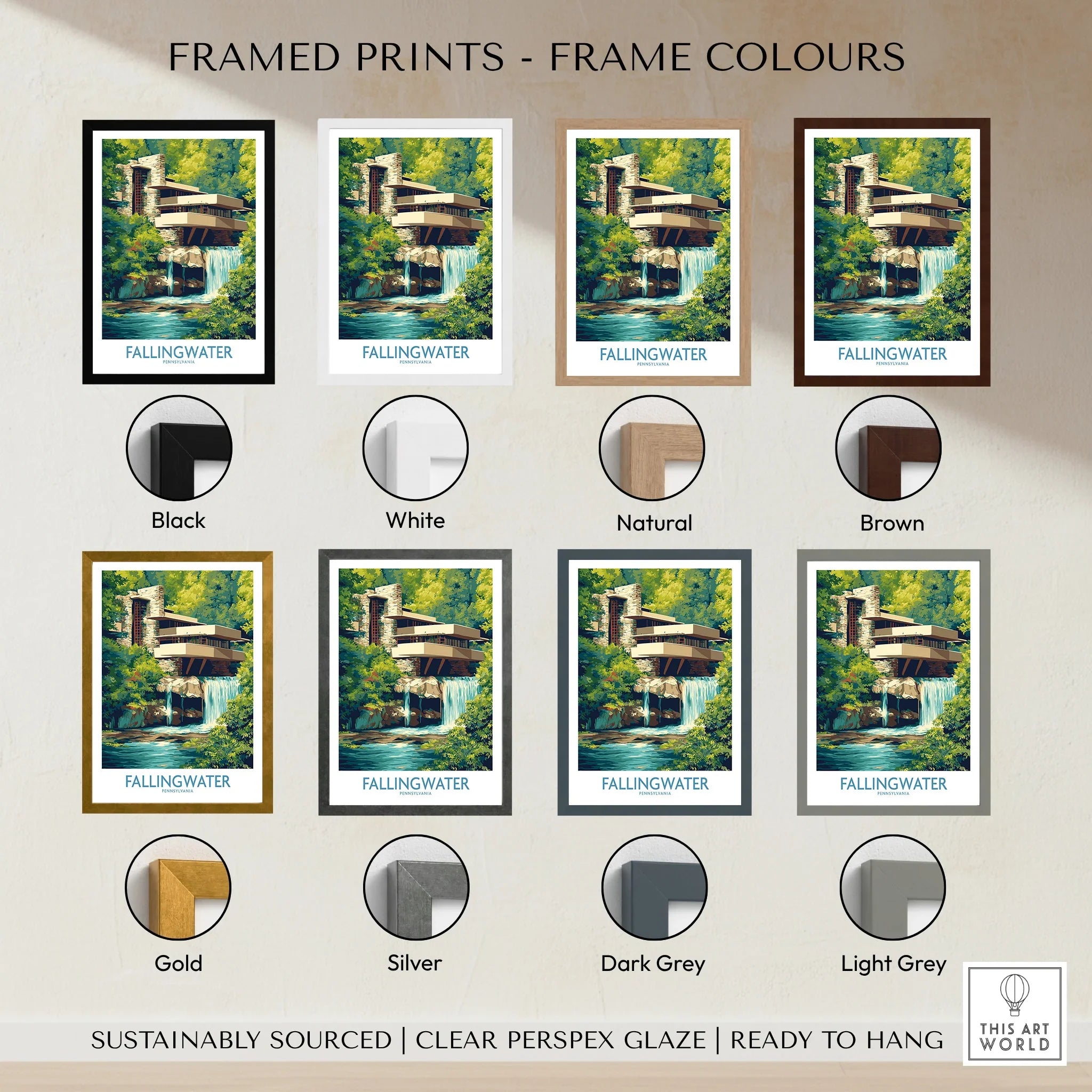 Fallingwater framed art prints in various frame colors for home decor
