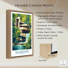 Framed Fallingwater Pennsylvania travel poster print with wooden float frame, ideal for home wall art decor