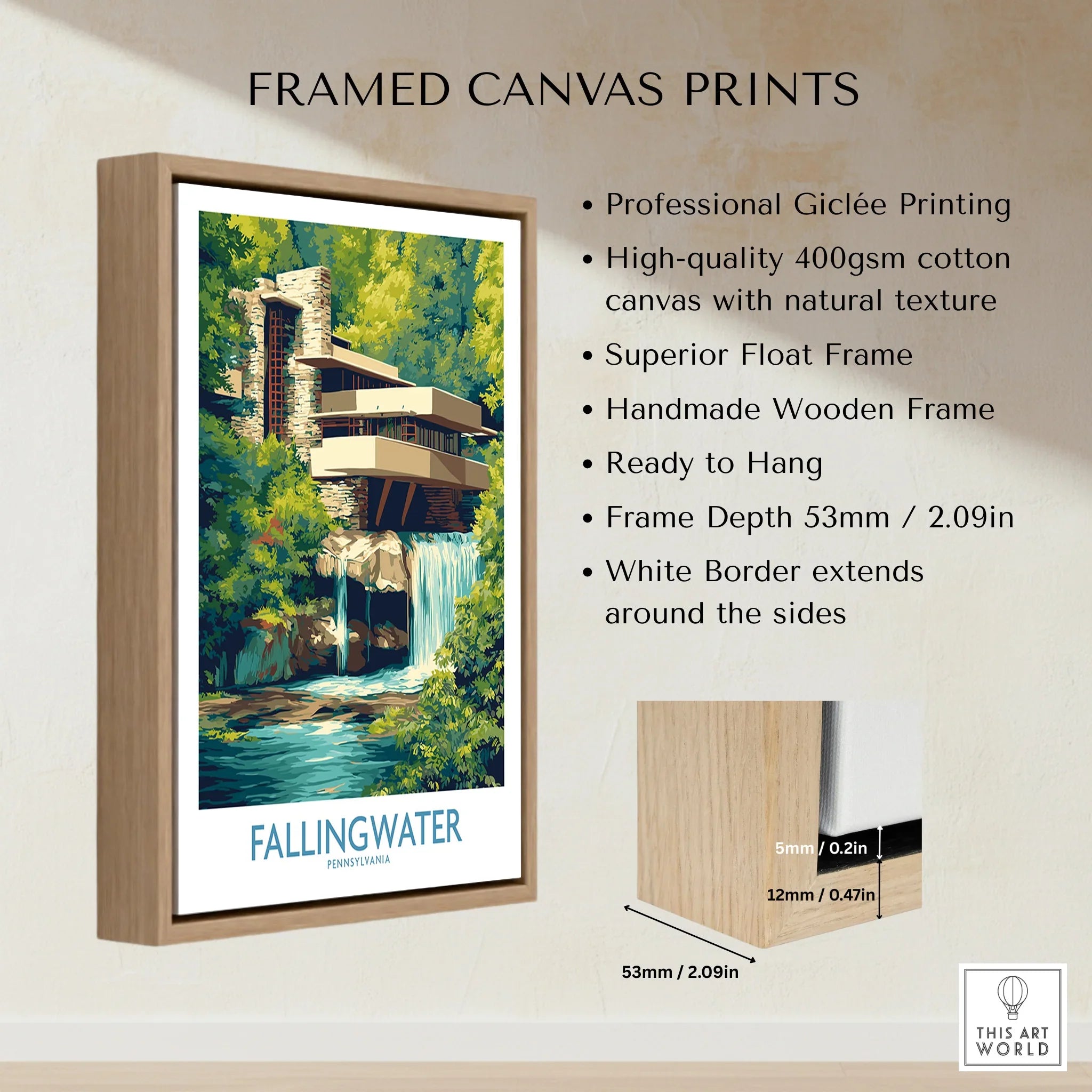Framed Fallingwater Pennsylvania travel poster print with wooden float frame, ideal for home wall art decor