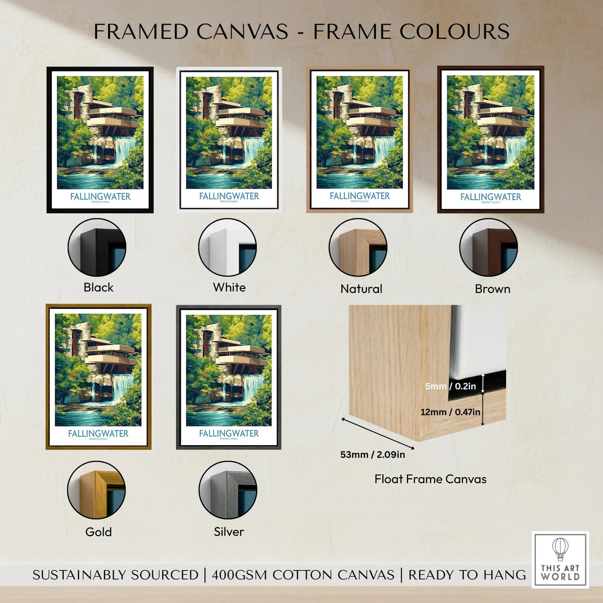 Fallingwater art print in black, white, natural, brown, gold, and silver frames — ready to hang wall decor