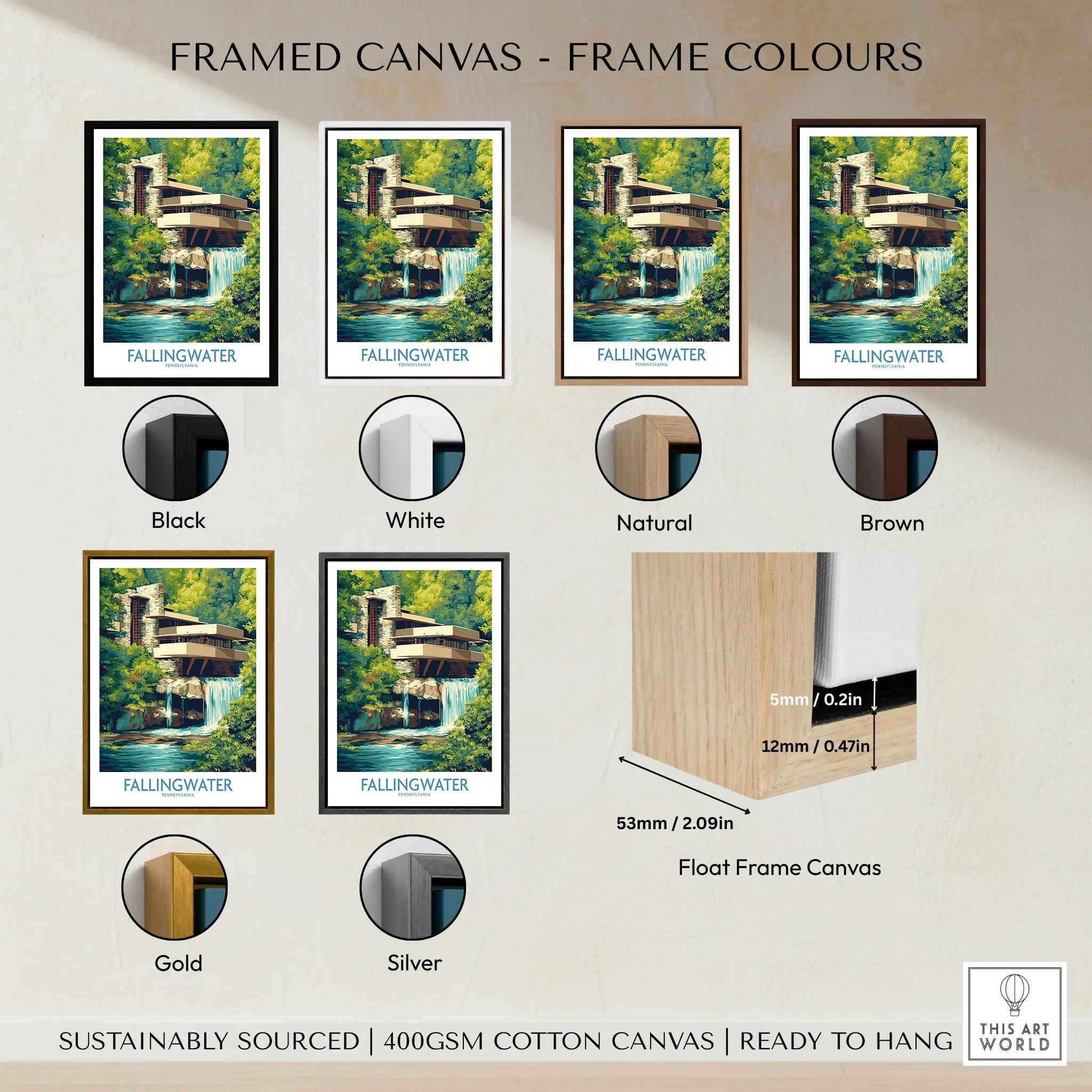 Fallingwater art print in black, white, natural, brown, gold, and silver frames — ready to hang wall decor