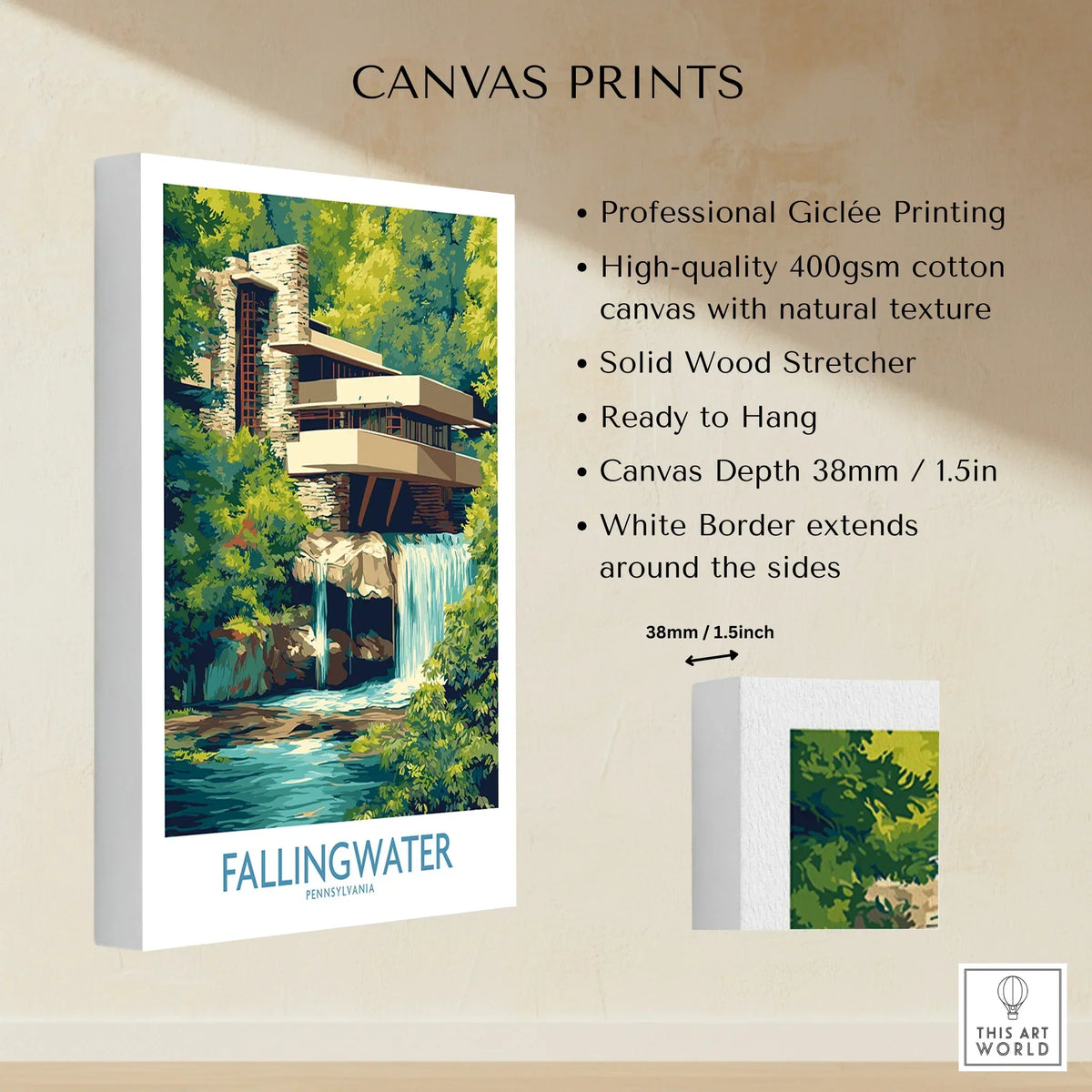 Fallingwater Pennsylvania canvas print with waterfall and lush greenery, ideal for home decor