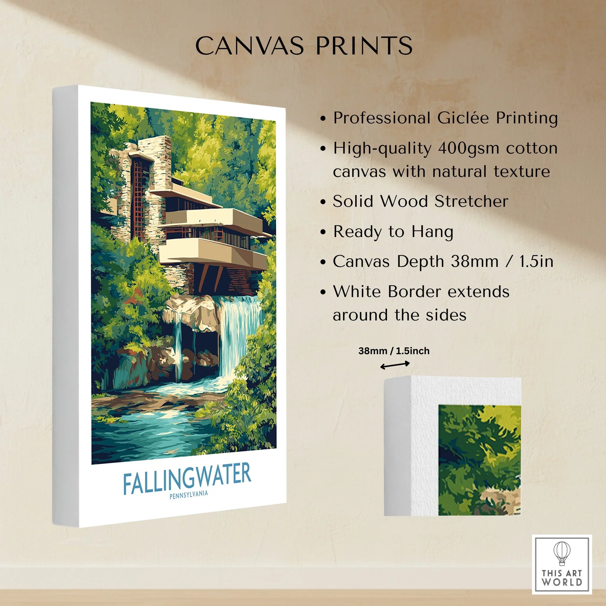 Fallingwater Pennsylvania canvas print with waterfall and lush greenery, ideal for home decor