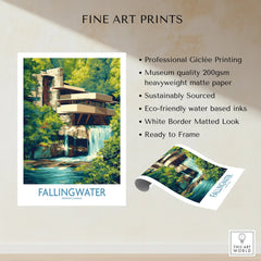 Fallingwater Pennsylvania fine art print, modern architecture over waterfall, travel poster wall art