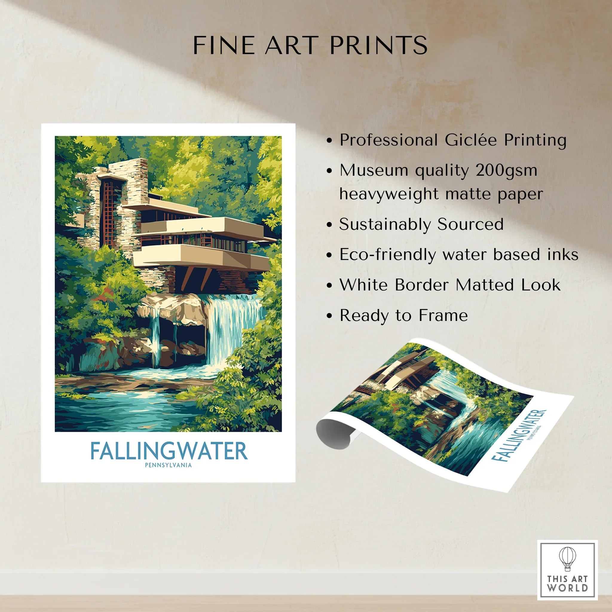 Fallingwater Pennsylvania fine art print, modern architecture over waterfall, travel poster wall art