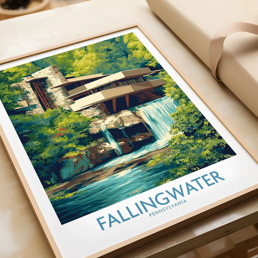 Framed Fallingwater Pennsylvania travel poster art print with waterfall and forest, ideal for home decor