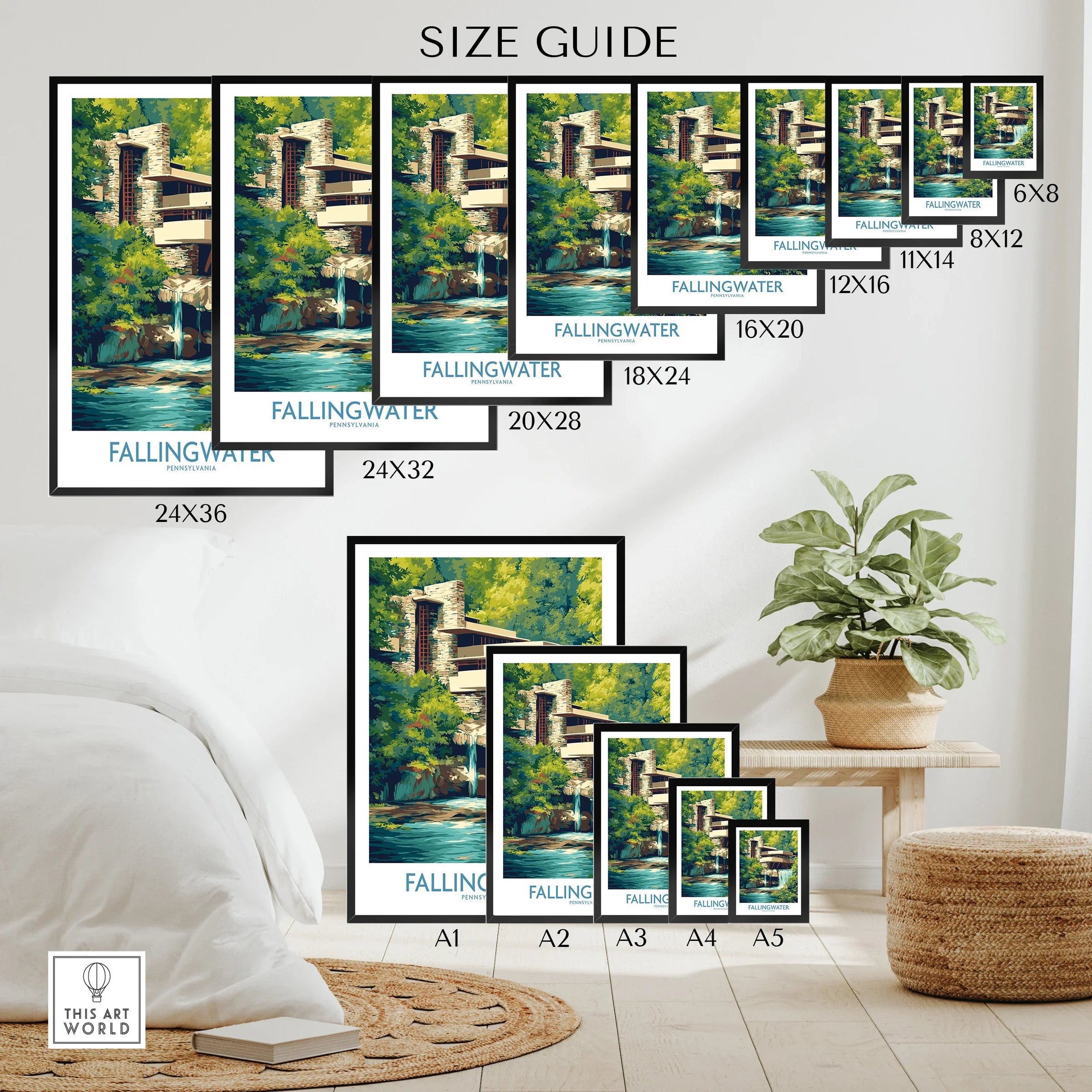 Fallingwater Pennsylvania art print size guide for wall decor, featuring travel poster styles in various dimensions
