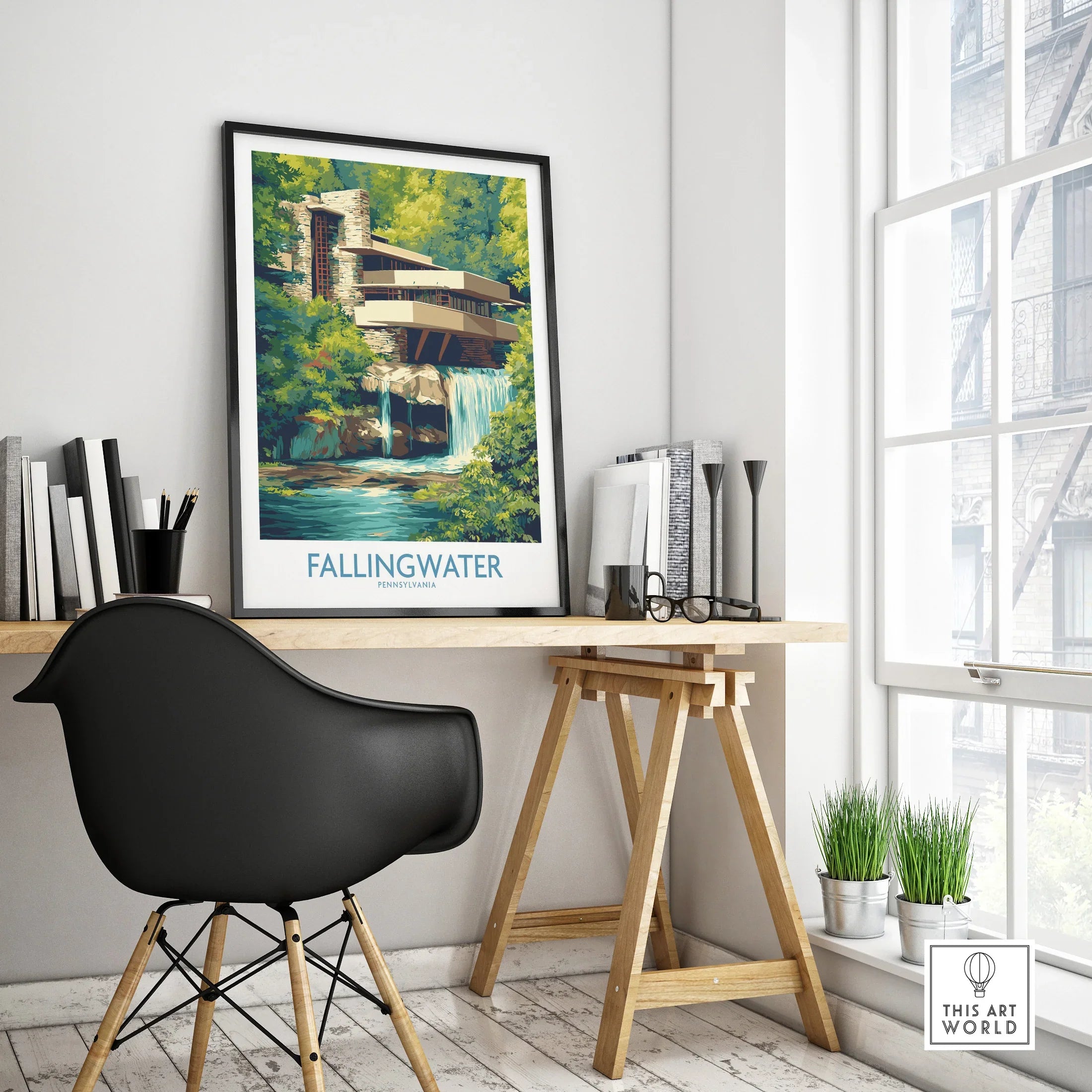 Framed Fallingwater Pennsylvania travel poster art print on modern desk, home decor wall art