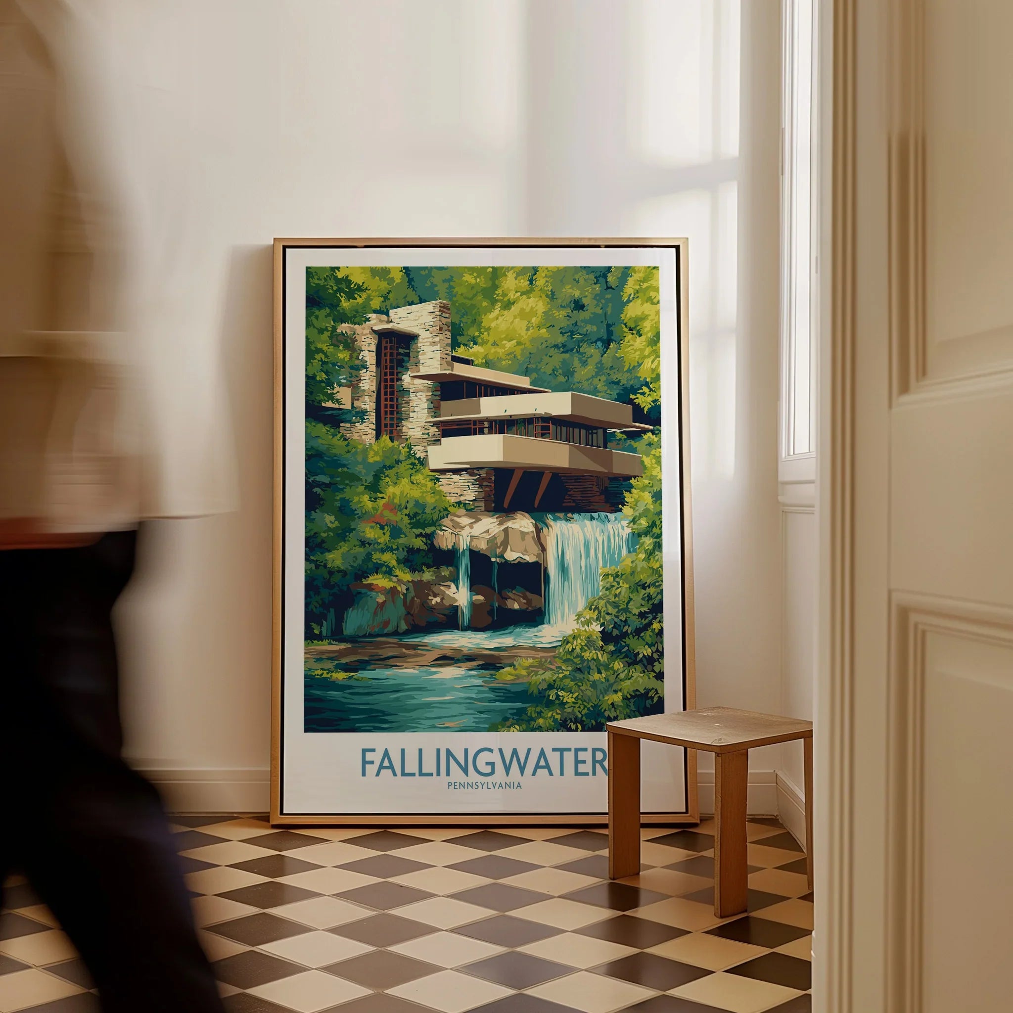Framed Fallingwater Pennsylvania travel poster art print, modern architecture wall decor with waterfall and greenery